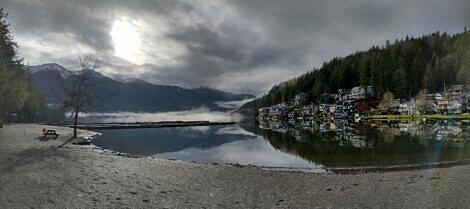 This photograph of Cultus Lake taken from Main Beach on a misty winter morning exudes a stark, yet serene atmosphere.